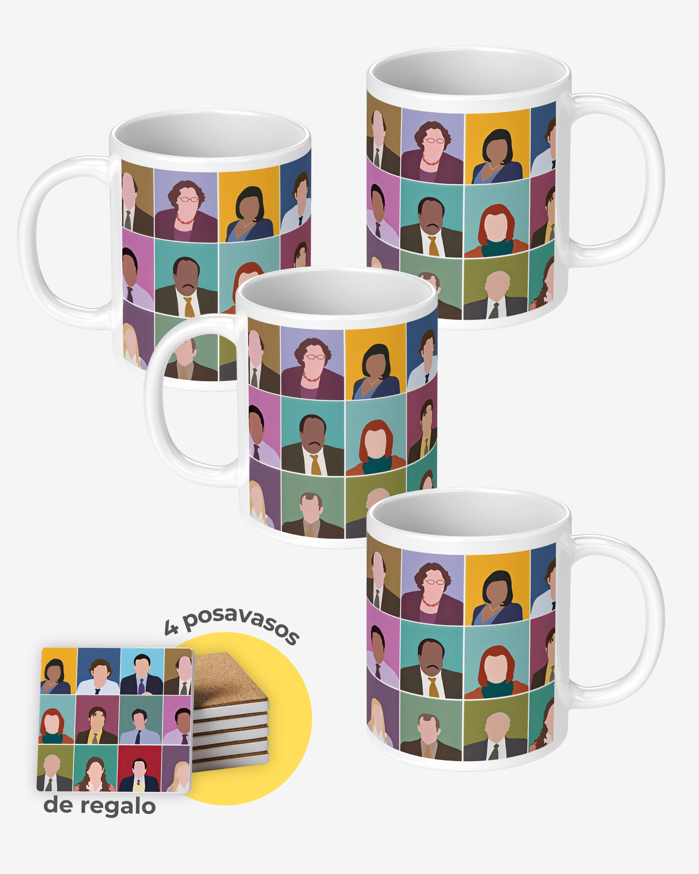 Set 4 Tazas The Office Personajes + Posavasos Regalo