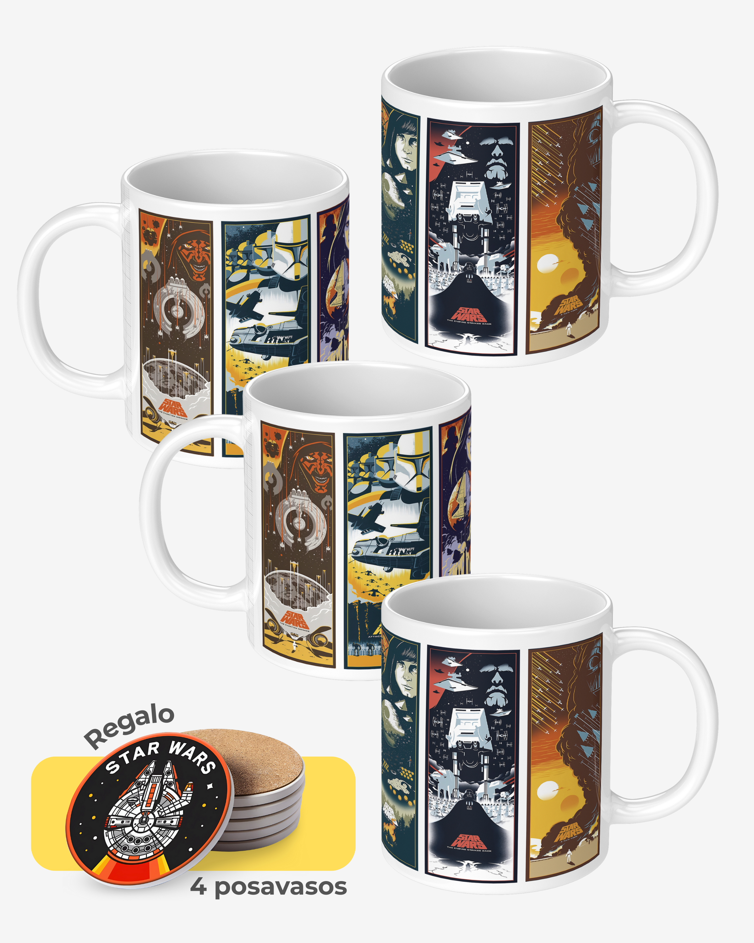 Set 4 Tazas Star Wars + Posavasos de Regalo