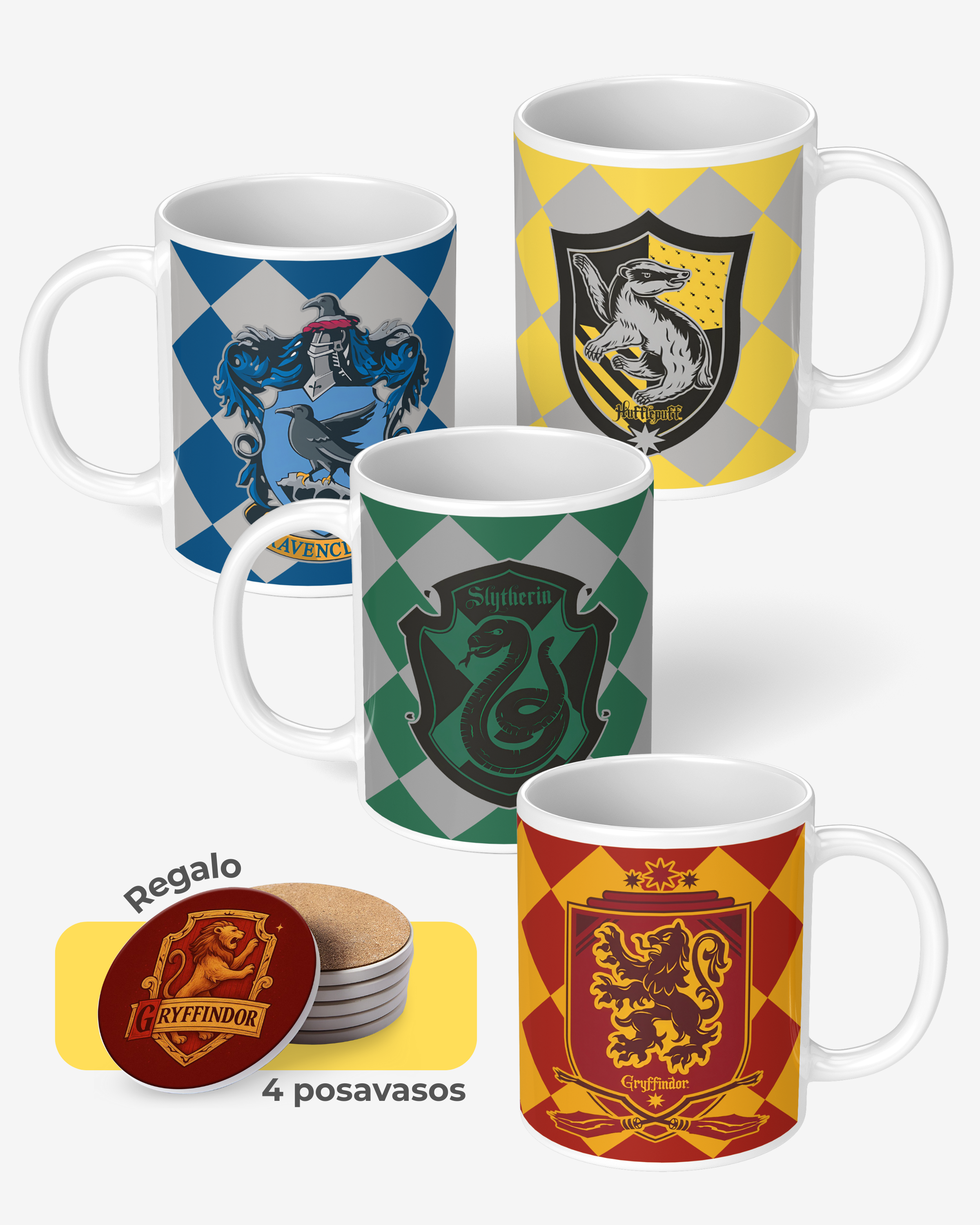 Set 4 Tazas Harry Potter Casas Hogwarts + Posavasos Regalo