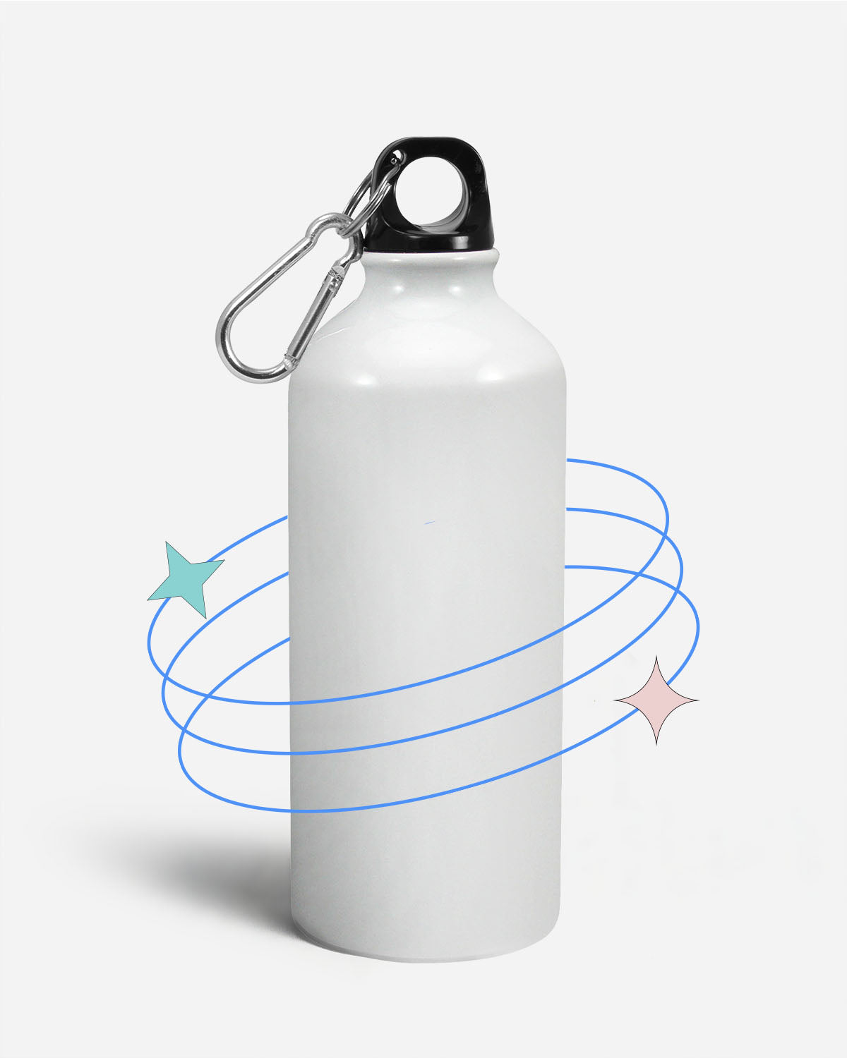 Botella personalizada de aluminio blanca con tapa negra y mosquetón metálico