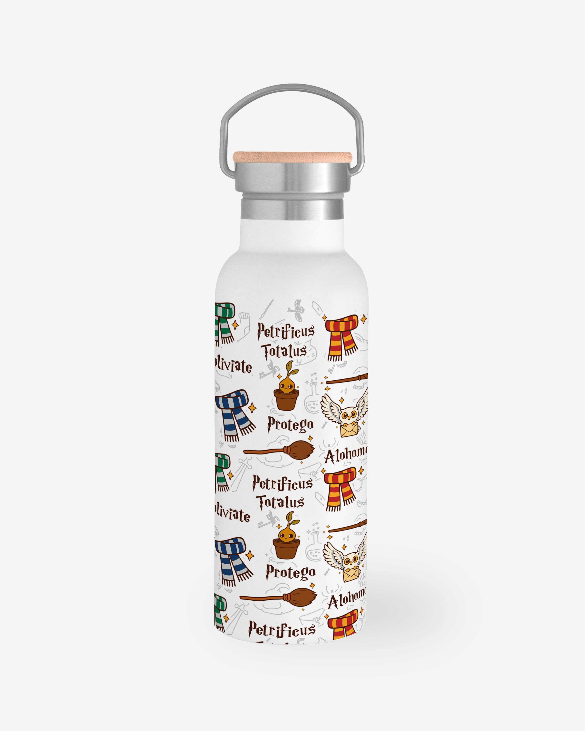 Botella termica Harry Potter con hechizos y casas de Hogwarts