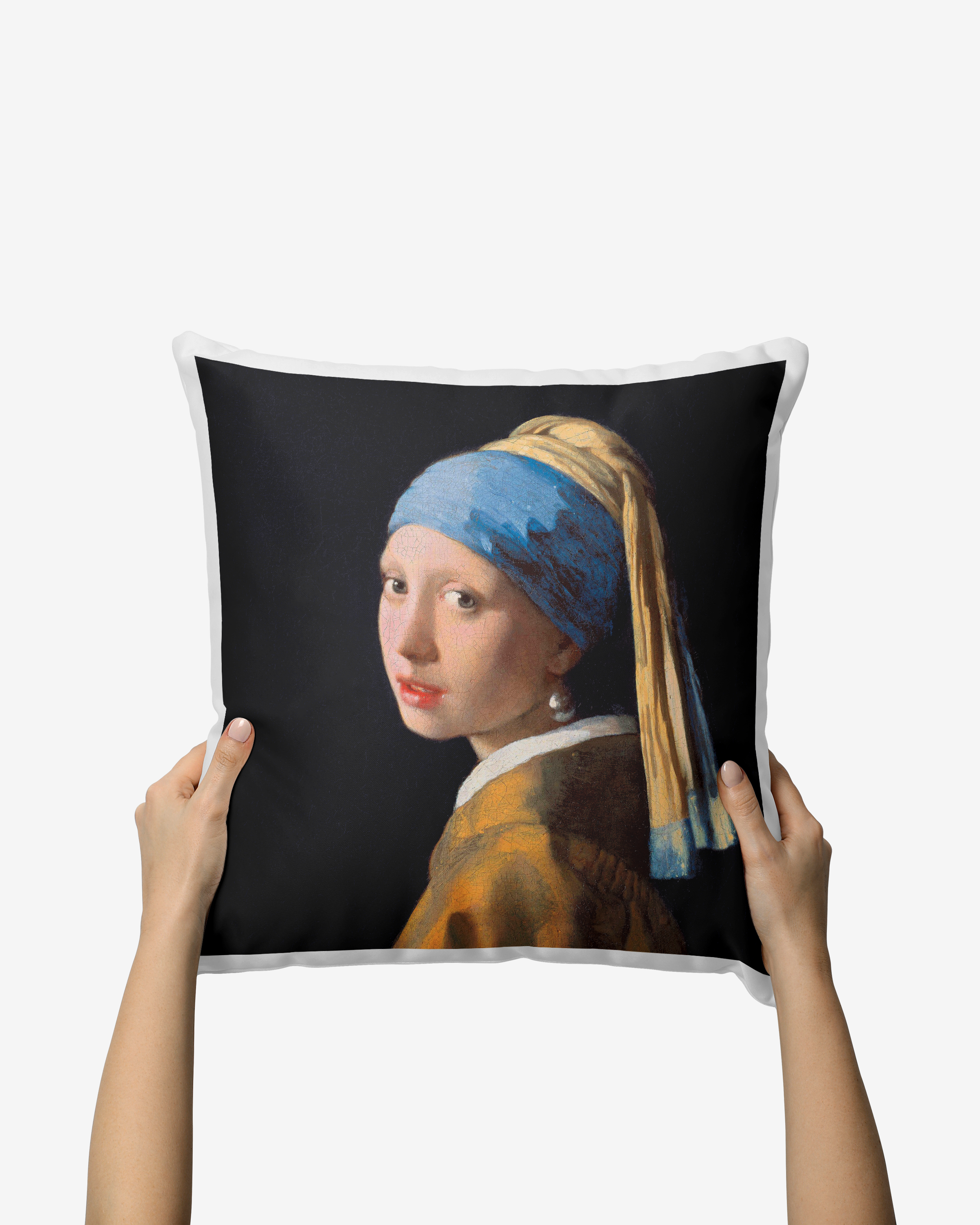 Cojin decorativo con la obra La joven de la perla de Johannes Vermeer, arte clasico barroco para el hogar