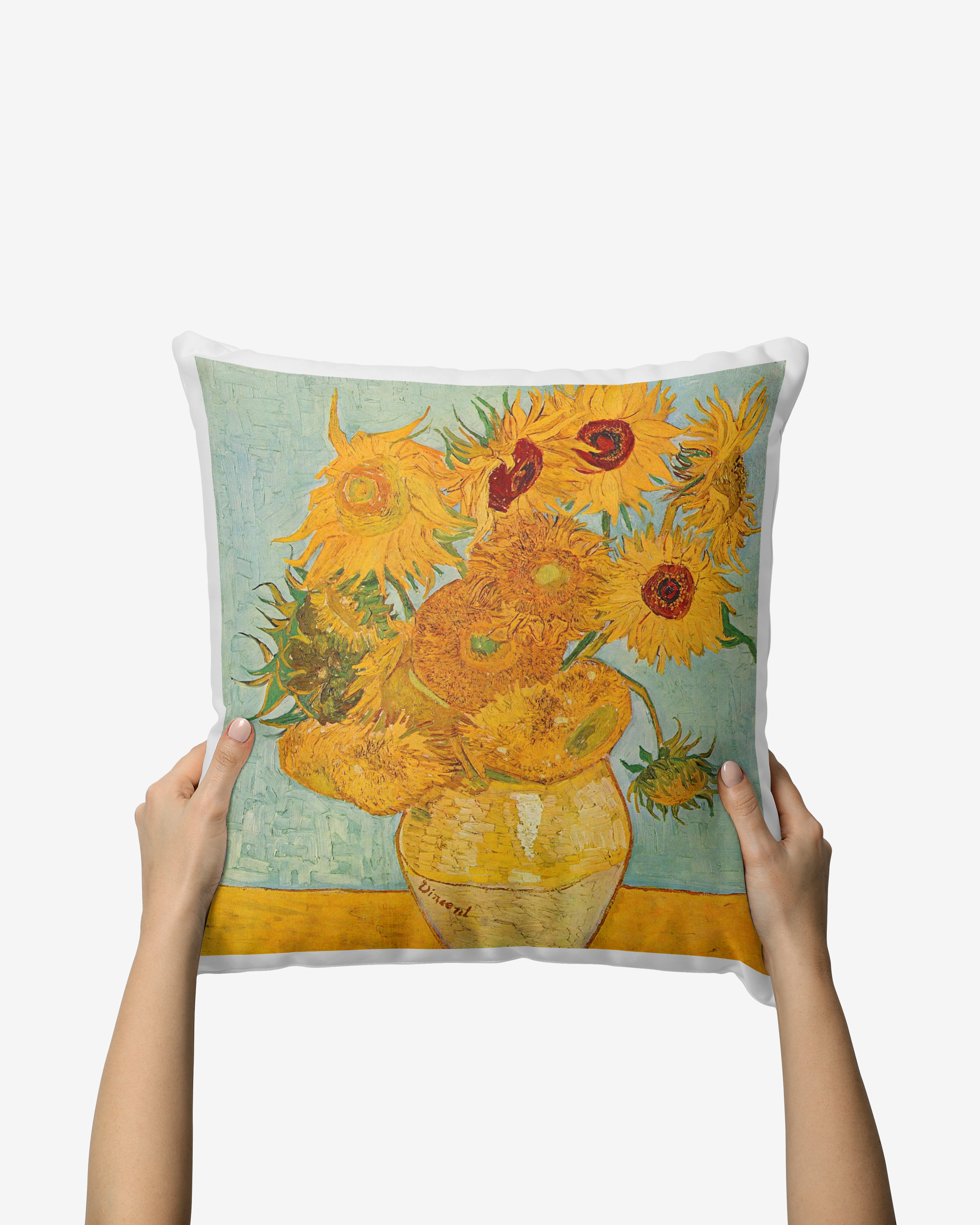 Cojin decorativo con la obra Los Girasoles de Vincent van Gogh, arte clasico colorido para el hogar