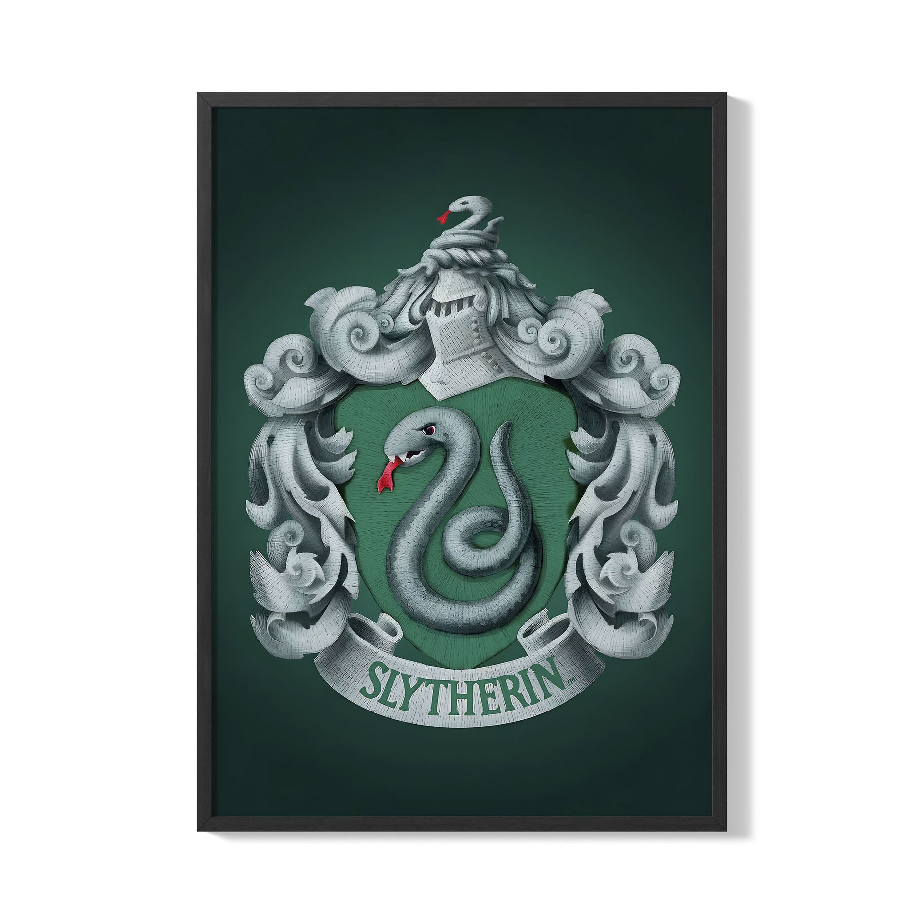 Cuadro decorativo con escudo de la casa Slytherin de Harry Potter sobre fondo verde, enmarcado en madera negra.