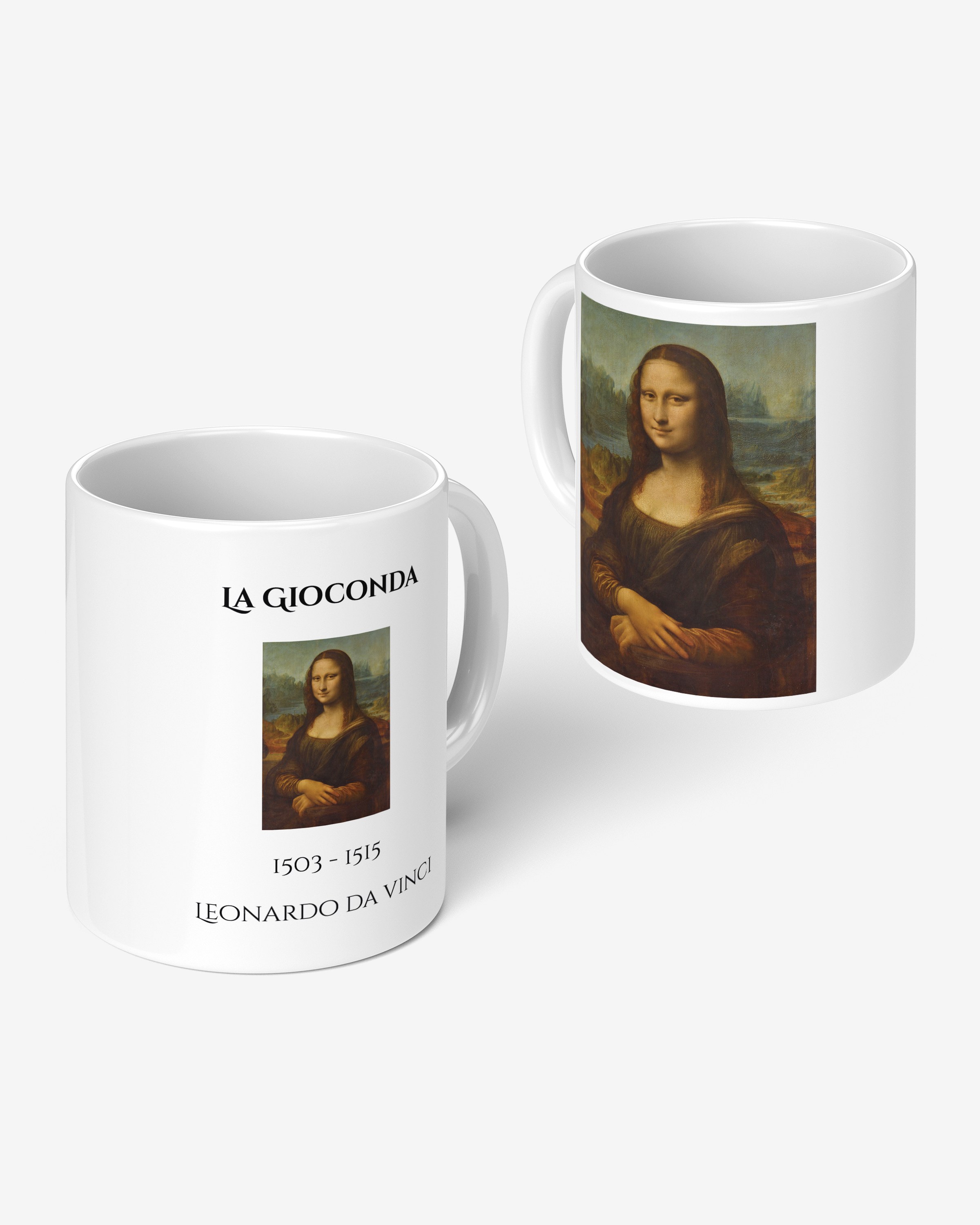 Taza blanca con ilustración de La Gioconda de Leonardo Da Vinci, estilo arte clásico
